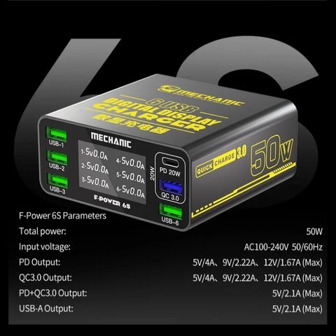 Сетевое зарядное устройство Mechanic F-Power 6S, 50 Вт, Quick Charge, Power Delivery (PD), 6 портов Превью 1