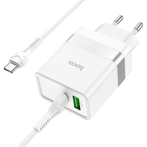 Мережевий зарядний пристрій Hoco N21, 30 Вт, Power Delivery (PD), білий, з кабелем USB тип-C до USB тип-C, 2 порта, #6931474757791 Прев'ю 1