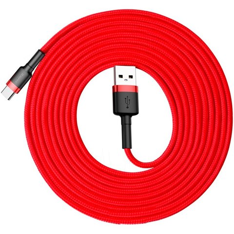 USB кабель Baseus Cafule, USB тип-C, USB тип-A, 300 см, 2 A, красный, в нейлоновой оплетке, #CATKLF-U09 Превью 1