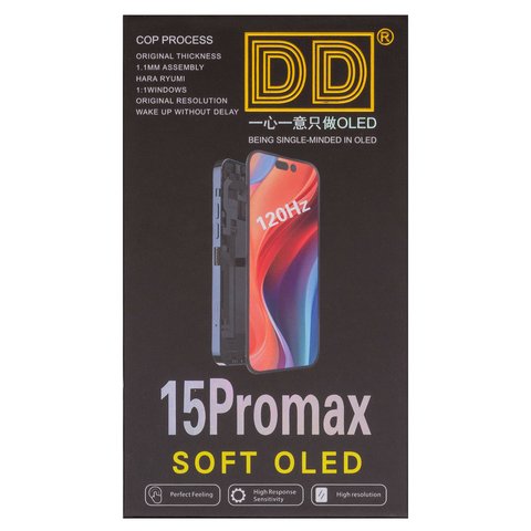 LCD compatible with iPhone 15 Pro Max, (black, with frame, HC, without error, (OLED), DD-OLED OEM soft, 120Hz, diagnosable) Preview 2