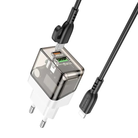 Мережевий зарядний пристрій Borofone BA80A, 20 Вт, Quick Charge, Power Delivery (PD), чорний, прозорий, з кабелем USB тип-C до Lightning для Apple, 2 порта, #69419911105166 Прев'ю 1